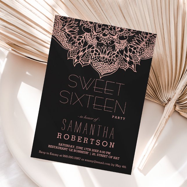 Invitación Rosa oro boho floral mandala Sweet 16 fiesta (Subido por el creador)