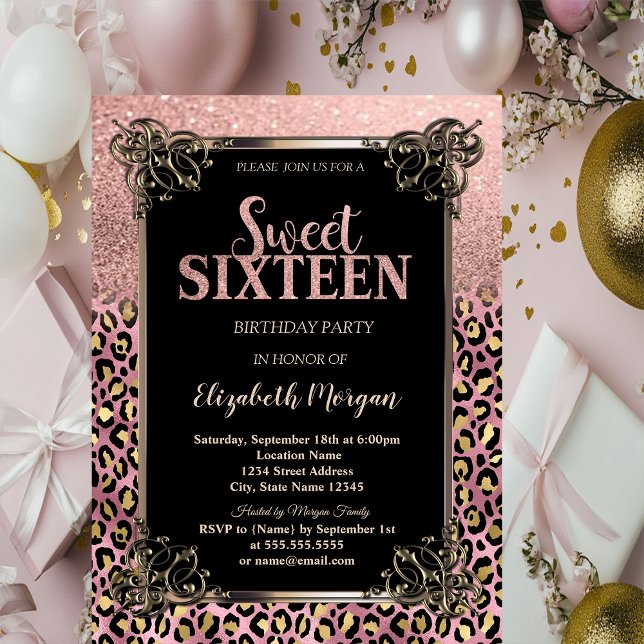 Invitación Rosa Oro Brillante Borde Leopardo Cumpleaños 16 (Subido por el creador)