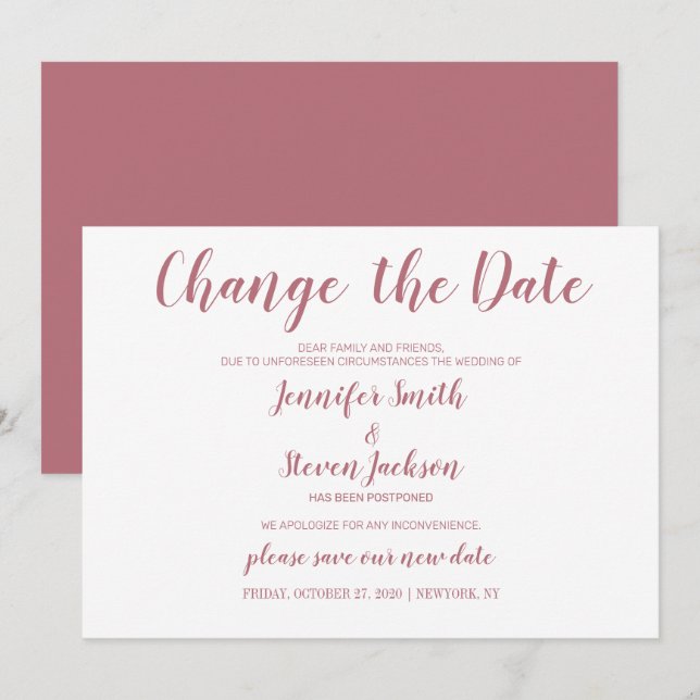 Invitación Rosa Oro Cambio de Fecha Planes Boda Pospuesto (Anverso / Reverso)