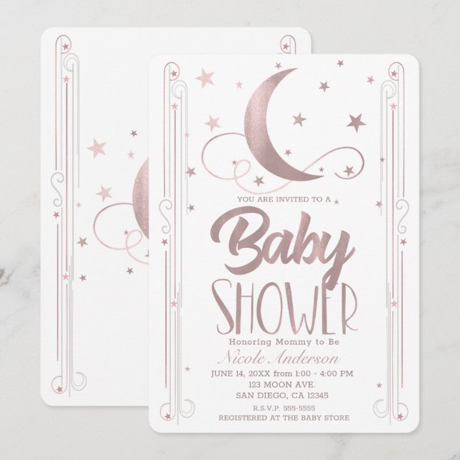 Invitación Rosa Oro Caprichoso Luna Estrellas Baby Shower (Anverso / Reverso)