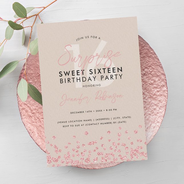 Invitación Rosa Oro Champagne Purpurina Surprise Sweet 16 (Rose Gold Champagne Glitter Surprise Sweet 16 Invitation)