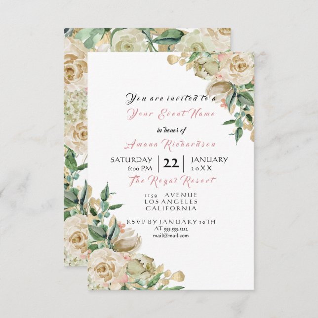 Invitación Rosa Oro Champán Floral Cumpleaños Nupcial (Anverso / Reverso)