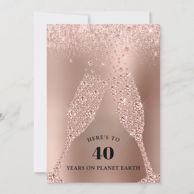 Invitación Rosa Oro Champán Tostada 40 Fiesta de cumpleaños (Anverso)