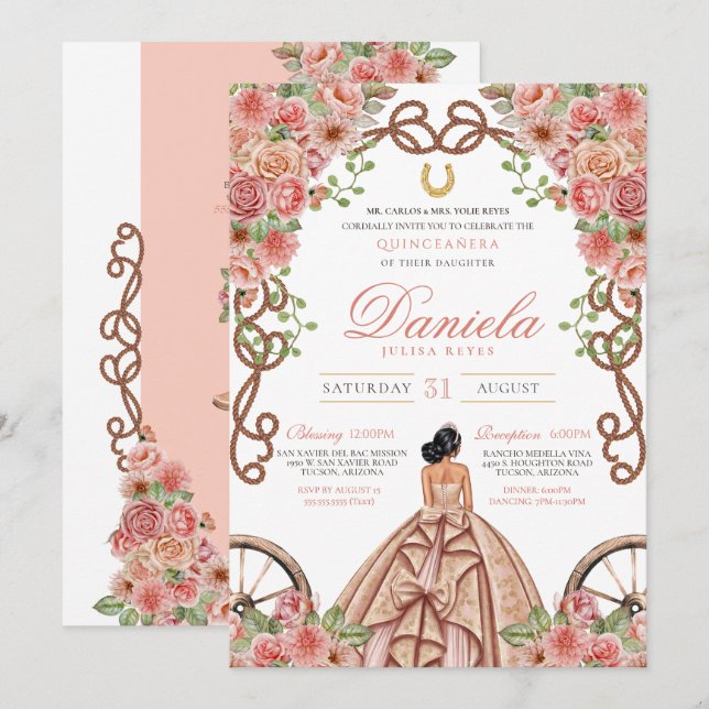 Invitación Rosa Oro Charro Oeste Rústico Rosa Quinceanera (Anverso / Reverso)
