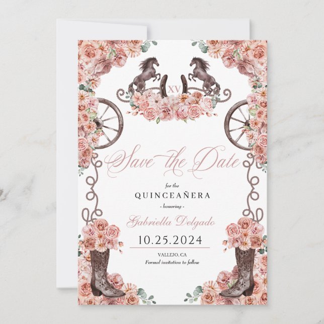 Invitación Rosa Oro Charro Salvar La Fecha Quinceañera (Anverso)
