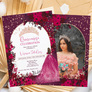 Invitación Rosa oro ciruela floral tiara princesa Quinceanera