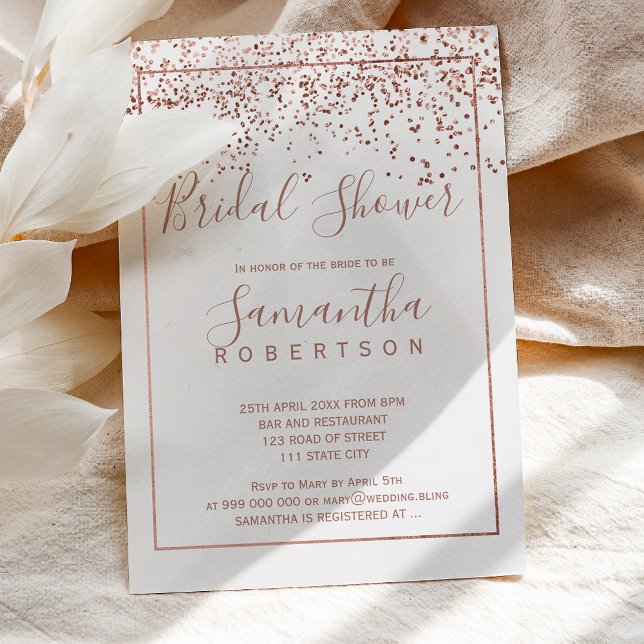 Invitación Rosa oro confetti blanco guión de novia ducha de n (Subido por el creador)