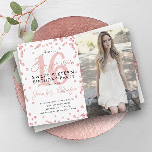 Invitación Rosa Oro Confetti Foto Sorpresa Dulce 16