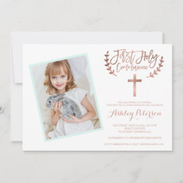 Invitación Rosa Oro cruz foto Primera Comunión Santa 2