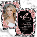 Invitación Rosa Oro Damask Foto 50 cumpleaños<br><div class="desc">Elegante invitación floral de 50 años con tu foto al fondo de la tarjeta. Diseño de color negro y rosa brillante con oro rosa purpurina falso. Presenta un patrón de damasco en blanco y negro, rosas rosas rosadas de color negro, fuente de guión y confeti. Perfecto para un elegante fiesta...</div>