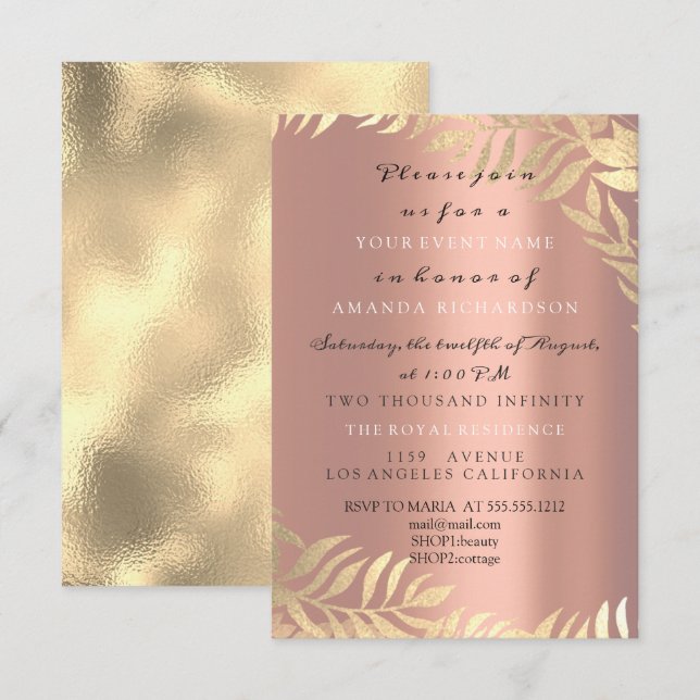 Invitación Rosa oro de la selva dorada Elegante Cumpleaños Br (Anverso / Reverso)