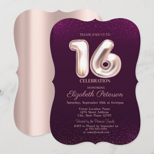 Invitación Rosa oro de moda, Dulces 16 Violetas (Anverso / Reverso)