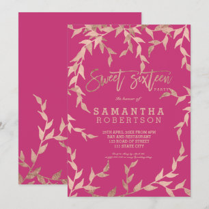 Invitación Rosa oro de otoño moderno rama magenta rosa Sweet