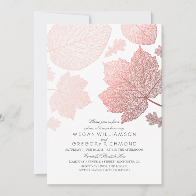 Invitación Rosa Oro deja elegante ensayo de otoño cena (Anverso)