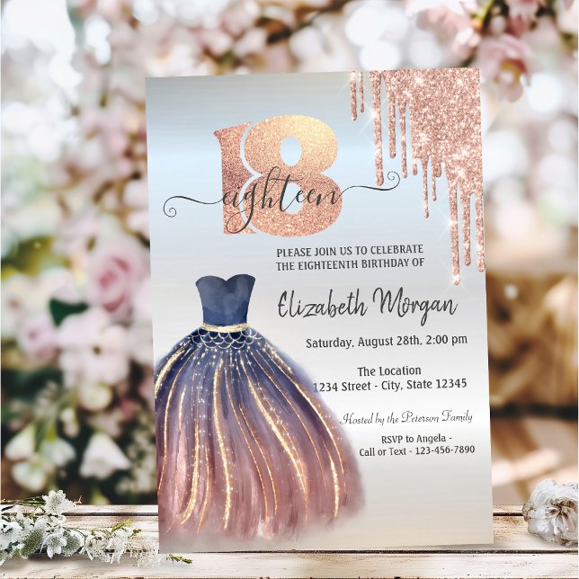 Invitación Rosa Oro Drips Moda Vestido Plata 18 cumpleaños (Subido por el creador)