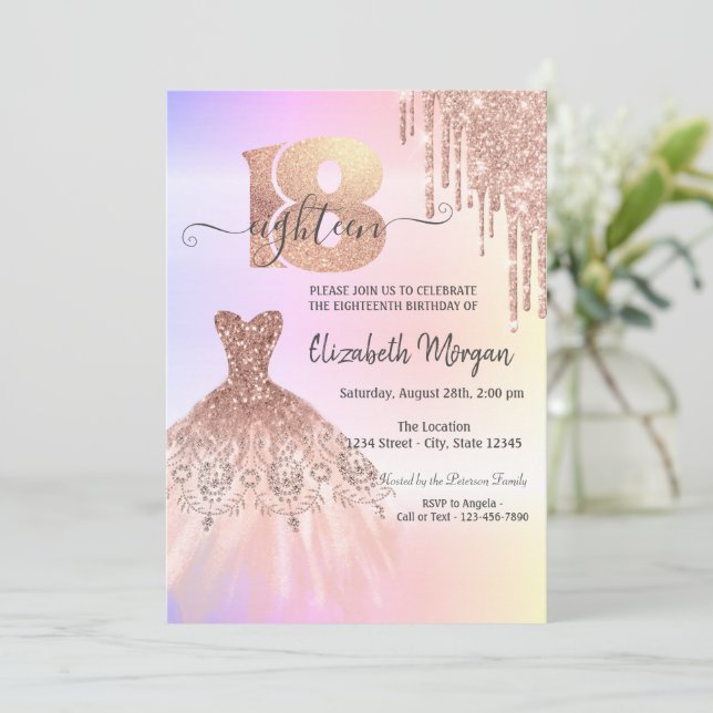Invitación Rosa Oro Drips Vestido Ombre 18 cumpleaños (Anverso de pie)