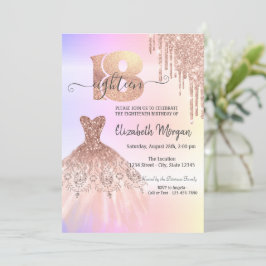 Invitación Rosa Oro Drips Vestido Ombre 18 cumpleaños