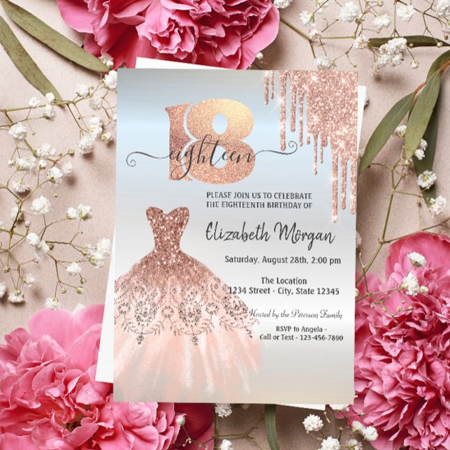 Invitación Rosa Oro Drips Vestido Plata 18 cumpleaños (Subido por el creador)