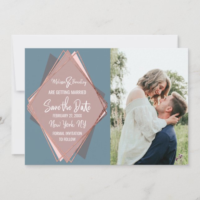 Invitación Rosa Oro Dusty Blue Mauve Geometric Save the Date (Anverso)