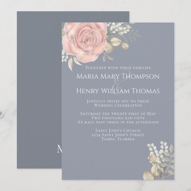 Invitación Rosa Oro Elegante Acuarela Floral Rosa Foliage (Anverso / Reverso)