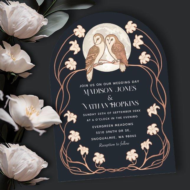 Invitación Rosa Oro Elegante Art Nouveau Owls Boda Arch (Subido por el creador)