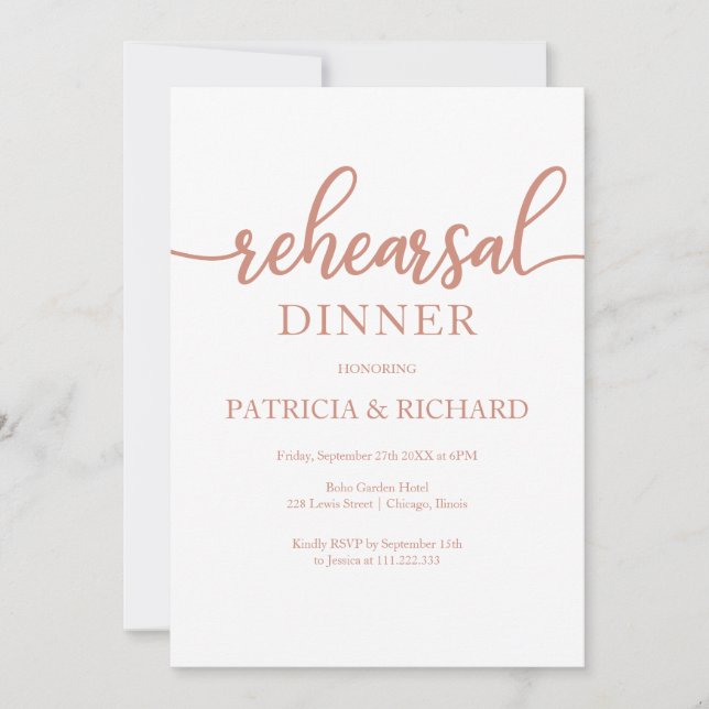 Invitación Rosa Oro Elegante Caligrafía Ensayo Cena (Anverso)