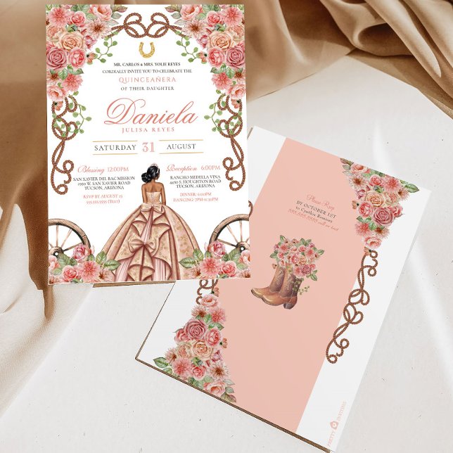 Invitación Rosa Oro Elegante Charro Occidental Quinceanera (Subido por el creador)