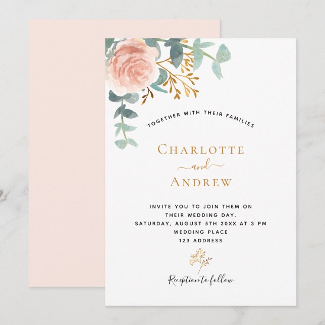 Invitación Rosa oro eucalipto floral boda rosa (Anverso / Reverso)