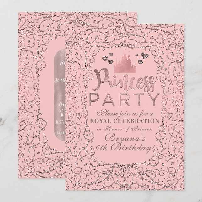Invitación Rosa Oro Filigrana FESTA DE PRINCESA Cumpleaños (Anverso / Reverso)