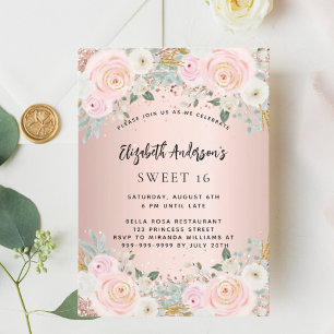 Invitación Rosa oro floral blanco dulce 16 lujo