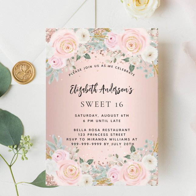 Invitación Rosa oro floral blanco dulce 16 lujo (Subido por el creador)