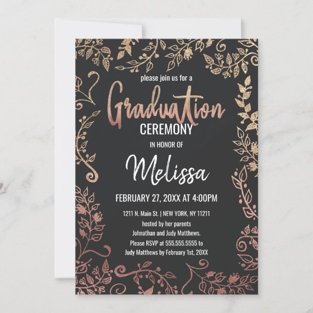Invitación Rosa Oro Floral Oro Purpurina Ombre Graduación (Anverso)
