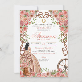 Invitación Rosa Oro Floral Rosa Charro Occidental Quinceanera