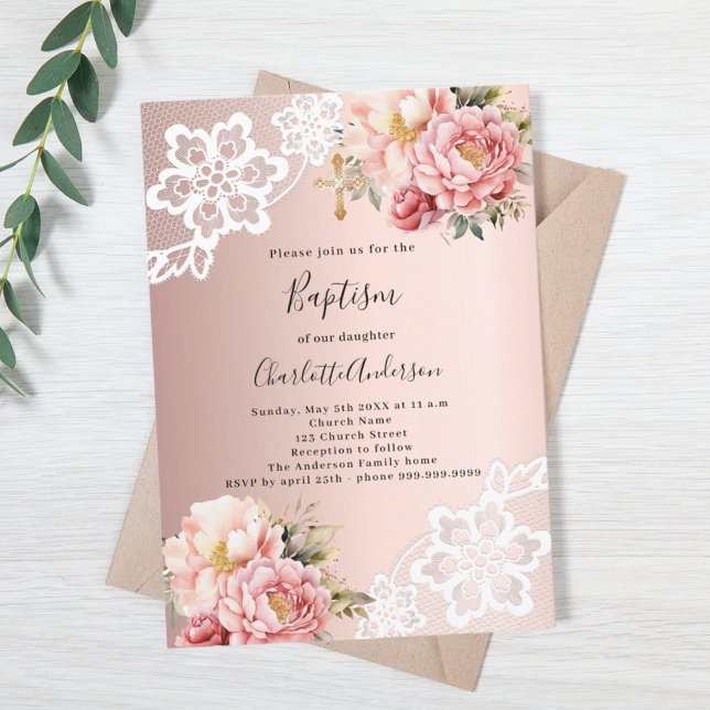 Invitación Rosa oro floral rosa encaje Bautismo (Subido por el creador)