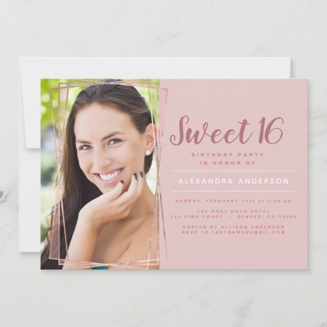 Invitación Rosa Oro Foto Geométrica Dulce 16 Cumpleaños (Anverso)