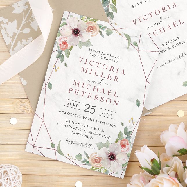 Invitación Rosa Oro Geométrico Floral Bohemian Boda rosa (Subido por el creador)