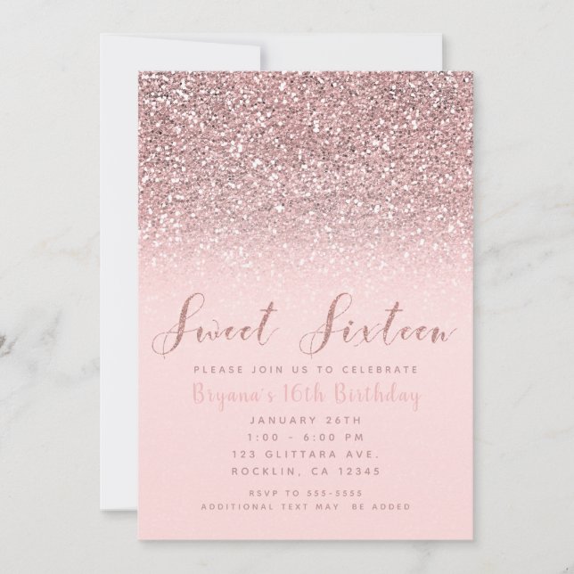 Invitación Rosa Oro Glitter Brillante Fiesta Dulces 16 (Anverso)