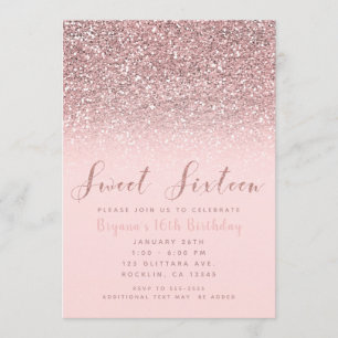 Invitación Rosa Oro Glitter Brillante Fiesta Dulces 16
