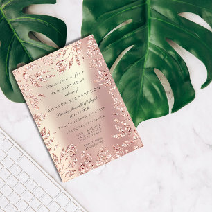 Invitación Rosa Oro Glitter Hojas Marco Floral Perlado