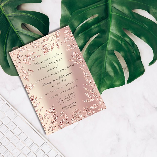 Invitación Rosa Oro Glitter Hojas Marco Floral Perlado (Pink Rose Gold Glitter Leafs Floral Frame Pearly Invitation)