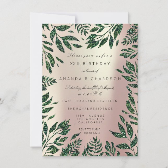 Invitación Rosa Oro Glitter Hojas Marco Floral Verde (Anverso)