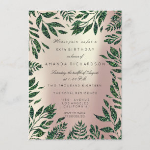 Invitación Rosa Oro Glitter Hojas Marco Floral Verde