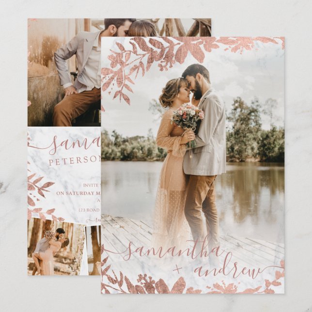 Invitación Rosa oro guión de mármol floral 5 fotos boda (Anverso / Reverso)