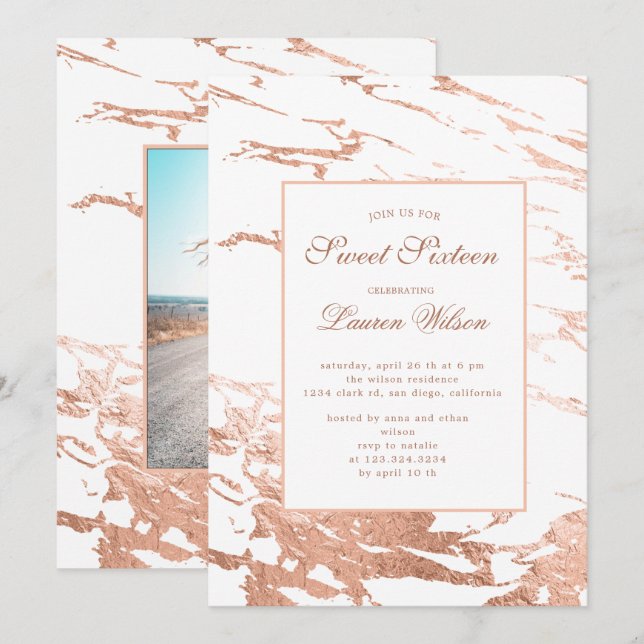 Invitación rosa oro imitación Relieve metalizado mármol Sweet (Anverso / Reverso)