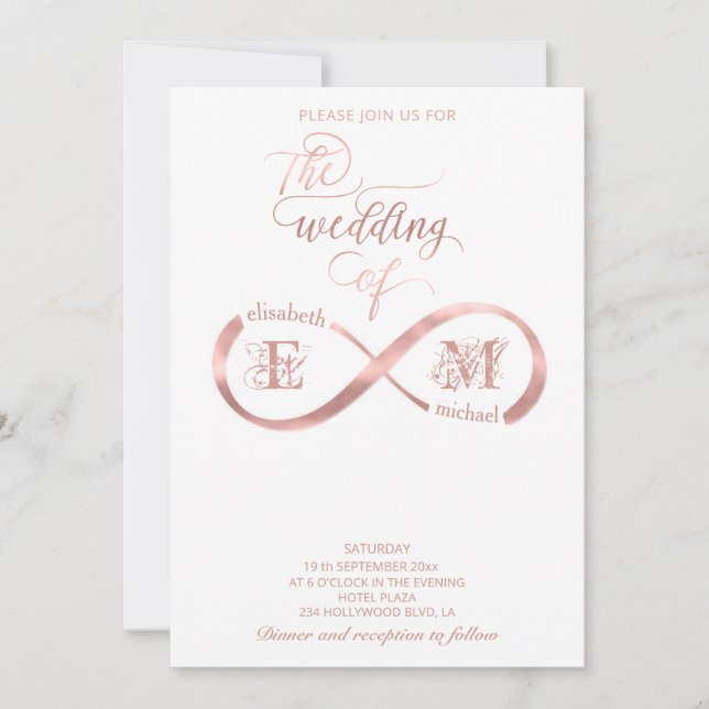 Invitación Rosa oro infinito monograma caligrafía romántica (Anverso)