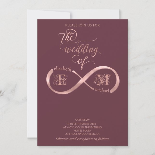 Invitación Rosa oro infinito monograma caligrafía romántica (Anverso)