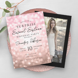 Invitación Rosa Oro Luces Negras Foto SORPRESA Dulce 16