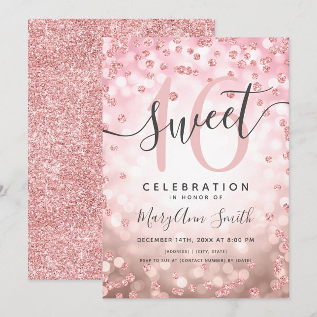 Invitación Rosa Oro Luces Purpurina Confetti 16º cumpleaños (Anverso / Reverso)