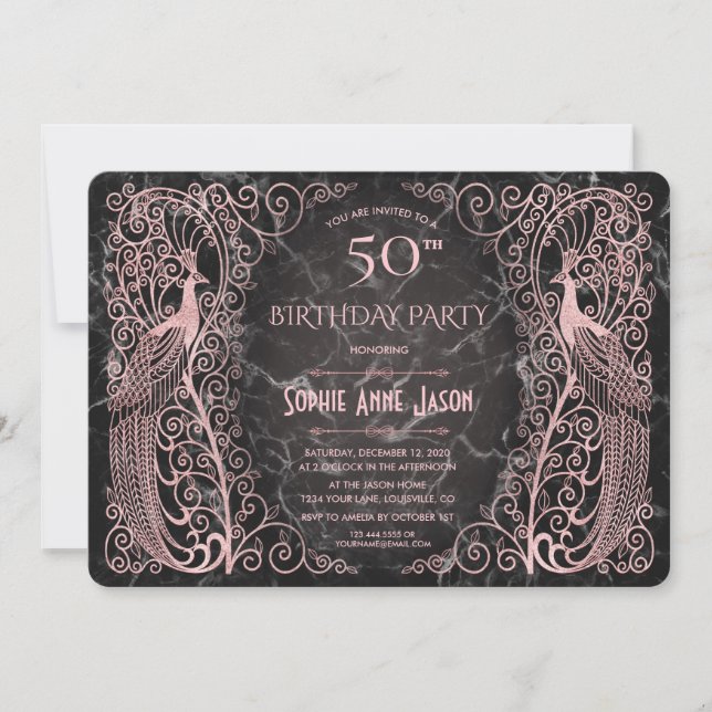 Invitación Rosa Oro Marble Art Peacocks 50 cumpleaños (Anverso)
