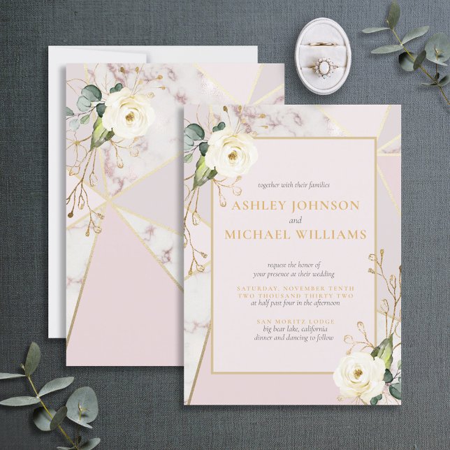 Invitación Rosa Oro Marble Oro Eucaliptus Floral Geométrica (Subido por el creador)